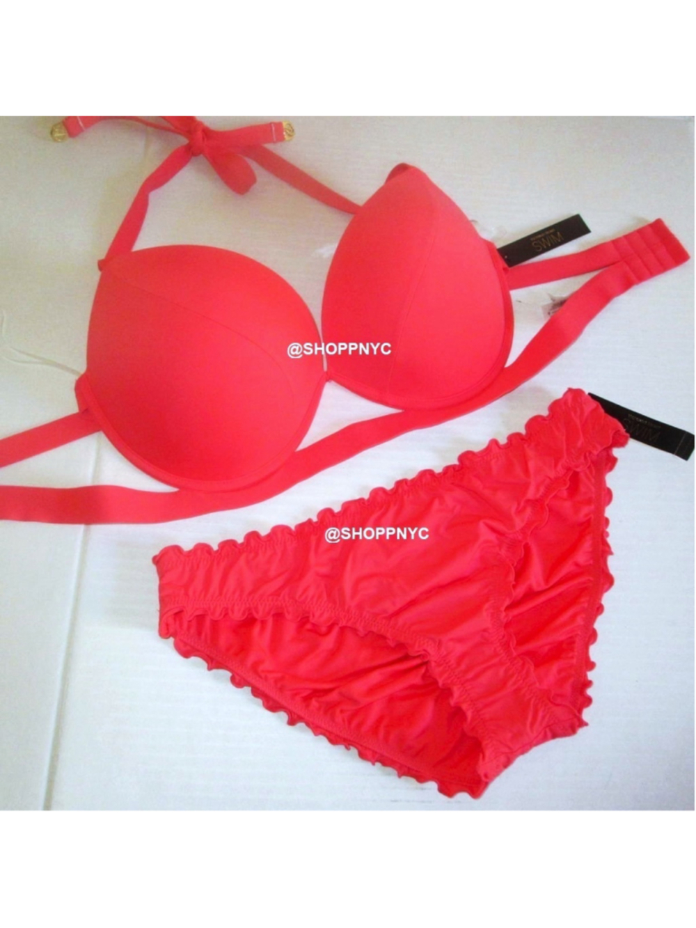 38D/XL VICTORIA SECRET Swim Push Up Top Bikini Set +1 Cup Ruffle Cheeky Pink